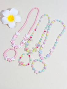6pcs/Set Girls Cute Butterfly & Heart Beaded Necklace & Bracelet Jewelry Set, Assorted Color Gift For Party, Birthday, Festival