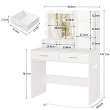 80cm Schminktisch mit LED-Beleuchtung und Steckdose, Weihnachtsgeschenk, Schminktisch mit Spiegel, Schminktisch mit 2 Schubladen und 2 Ablagefächern, zeitgenössischer Stil, Frisiertisch für das Schlafzimmer, Weiß