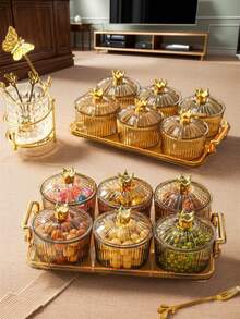 1 Set Vintage Gold Color Serving Tray With Snack Plates - Amber Gold Tray With Crown Round Plate - View 7