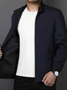 Chaqueta informal de manga larga con cremallera de unicolor para hombre