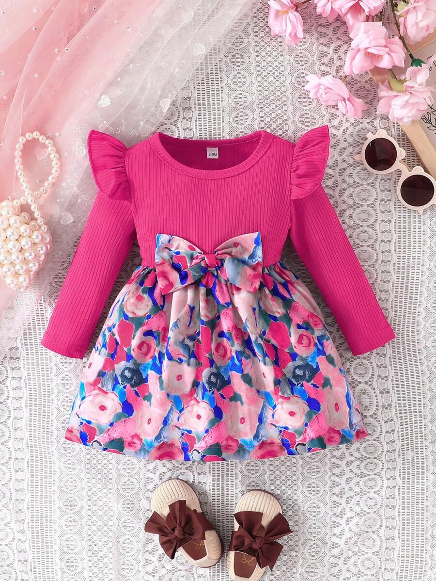 Vestido de malla con manga larga, volantes y lazo con estampado de rosa para niña bebé, estilo colegial elegante - Rosa Fucsia - Ver 1