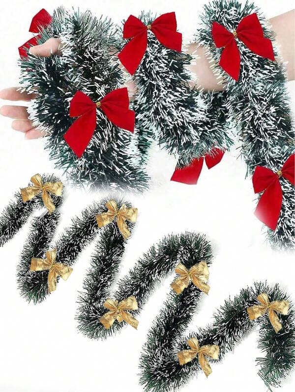 1 set Guirnalda de oropel navideña de verde oscuro y blanco nevado con 12 lazos para decorar el árbol de Navidad, decoraciones interiores y exteriores, suministros, mejor regalo