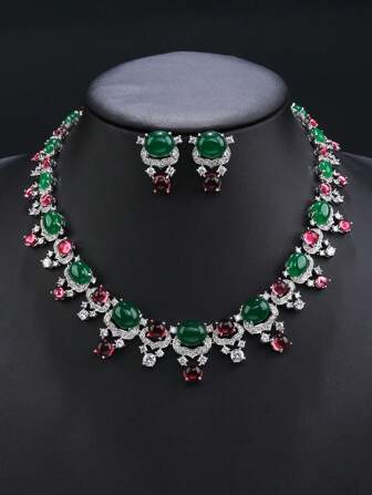 1 set med 3 delar lyxiga smycken med kubisk zirkonia, halsband och örhängen för kvinnor, lämpliga för bröllop, brudklänning, fest och formella tillfällen