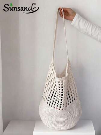 SUNSAND Women's Minimalist, Lightweight, Casual Hollow Woven Tote Bag, Crochet Handbag & Roomy Travel Bag, Suitable For College Students, Career Women, Outdoor, Travel, Picnic, Multi-Functional Commuter Bag, Perfect Christmas, Easter, Birthday Gift For 16-36 Years Old