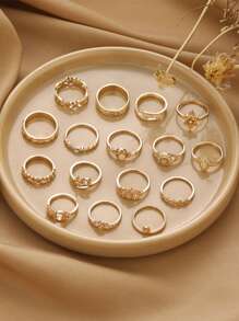 Bộ 16 chiếc nhẫn kết hợp mặt đá Opal Hollow Emboss hình voi, mặt trăng và ngôi sao thời trang - Vàng - Xem 2