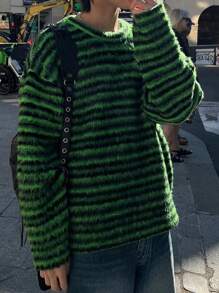 ANDREILEE 男女通用休闲条纹圆领宽松保暖针织套头毛衣，适合春、秋、冬三季穿着。 - 綠色 - 查看 2