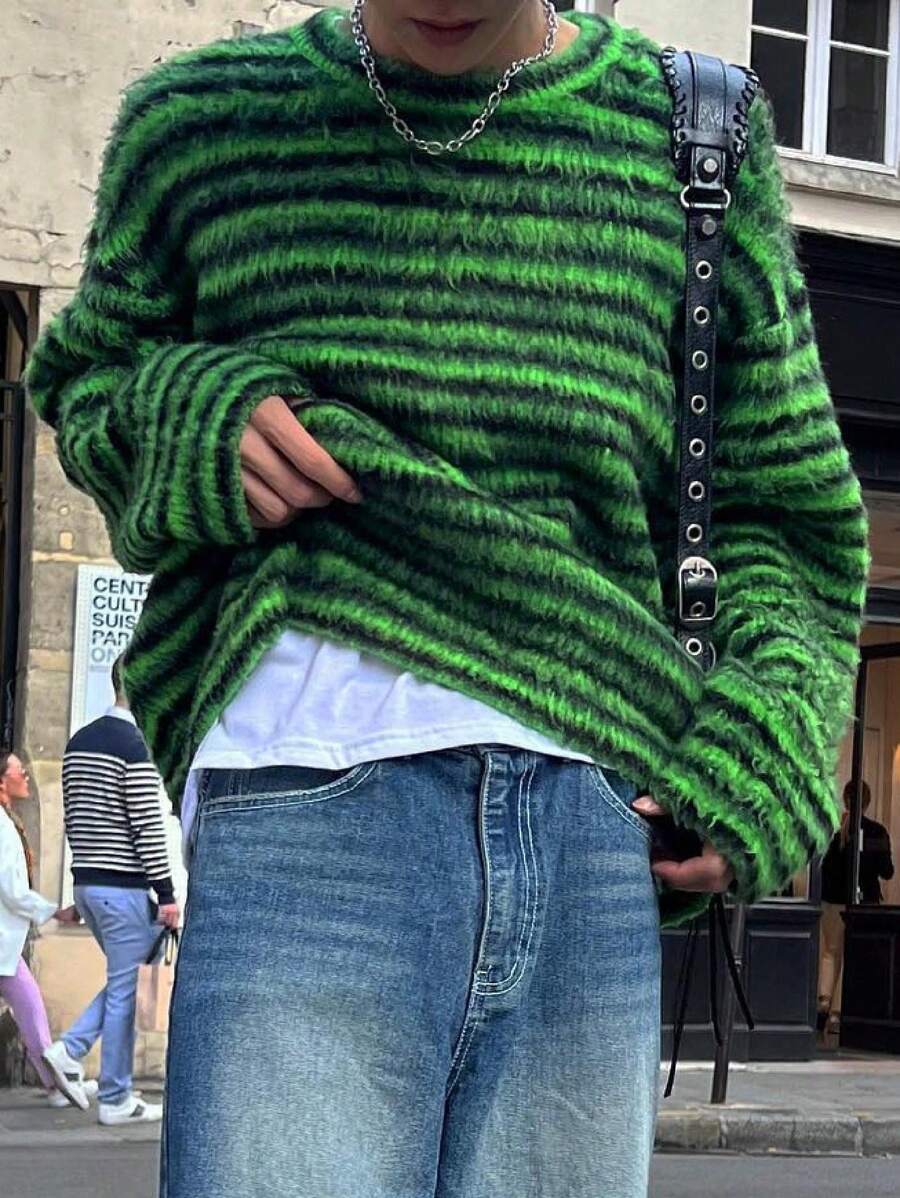 ANDREILEE 男女通用休闲条纹圆领宽松保暖针织套头毛衣，适合春、秋、冬三季穿着。 - 綠色 - 查看 1