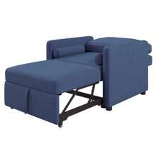 3 In 1 Convertible Sleeper Chair With Adjustable Backrest, Lounger Chair Turns Into Bed, Single Bed For Living Room, Linen, Tan - Blue - View 5