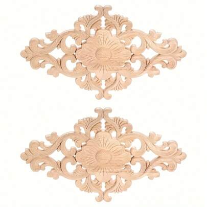 2Pcs Wood Carved Appliques, Wooden Decorative Onlays, Unpainted Furniture Center Decals For Cabinet Dresser Bed Door Wall Wardrobe Ceiling Decoration Home DIY Project