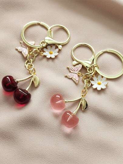 1 件时尚高品质可爱樱桃蝴蝶花钥匙扣 - 可爱的樱桃包包挂饰 - 樱桃钥匙链时尚背包吊坠装饰礼品纪念品汽车配件学校背包哥特 Y2k 包包配件挂绳带身份证夹汽车配件包包挂饰