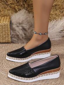 Women Fashion Woven Straw Pointed Toe Thick Sole Slip-On Loafers Wedge Heel Comfortable Platform Shoes