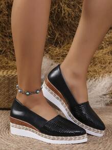 Women Fashion Woven Straw Pointed Toe Thick Sole Slip-On Loafers Wedge Heel Comfortable Platform Shoes