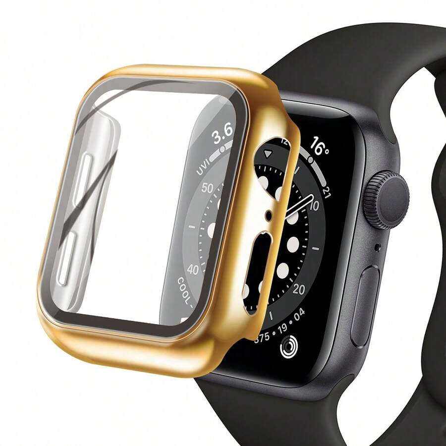 For Apple Watch Series 10 42mm/46mm 9 8 7 45mm/41mm Apple Watch Series 6/SE/5/4 40mm/44mm Tempered Glass Screen Protector Full Case Cover - Gold - View 1