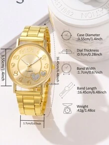 JasonRolls 5件套女士手表套装，时尚奢华心形金色表壳搭配钢质表带，合金材质，合金手链套装，日常佩戴搭配，手表手链套装，女士礼物 - 金色 - 查看 6