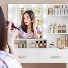 80cm Schminktisch mit LED-Beleuchtung und Steckdose, Weihnachtsgeschenk, Schminktisch mit Spiegel, Schminktisch mit 2 Schubladen und 2 Ablagefächern, zeitgenössischer Stil, Frisiertisch für das Schlafzimmer, Weiß