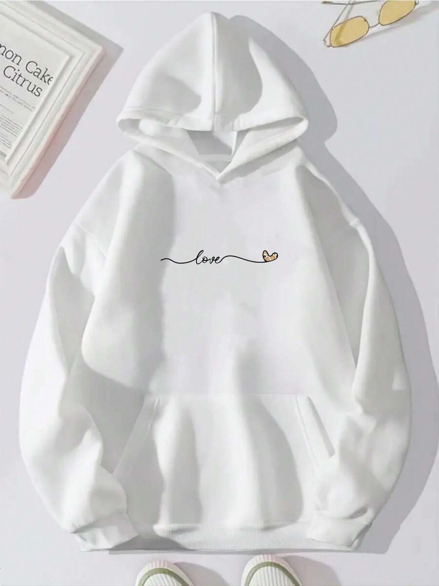 Sudadera Otoño/Invierno Mujer Sudadera Casual Suelta Estampado "LOVE" y Corazón Sudadera con Capucha y Bolsillos Canguro - Blanco - Ver 1