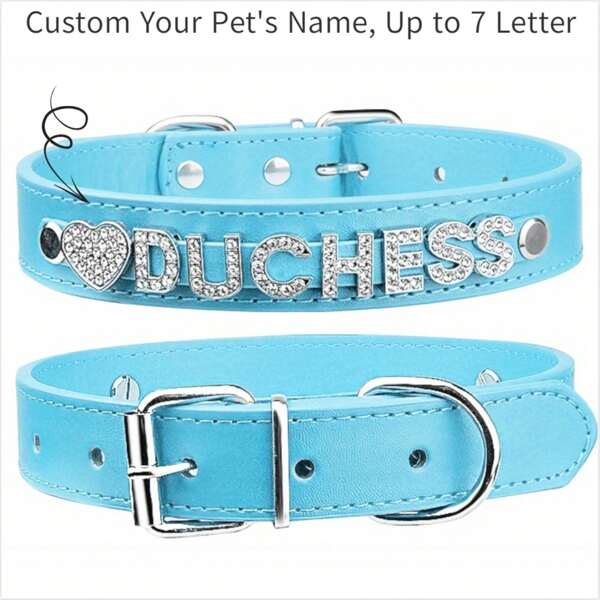 Customized PU Leather Dog Collar With Heart Shaped Rhinestone ID - Fashionable Pet Accessory, Suitable For Small To Medium Dog Breeds