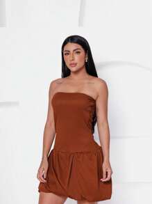 Women's Short Balloon Strapless Blogger Dress - Rỉ Nâu - Xem 3