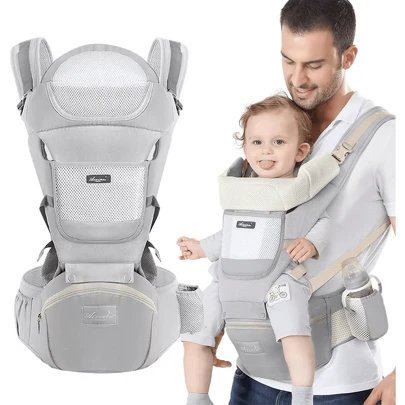 Portabebés transpirable ajustable portabebés Fular portabebés ajustable y transpirable Asiento para la cintura del bebé Asiento ergonómico para bebé canguro Fular portabebés para 7-66 lbs. con asiento para la cadera del bebé