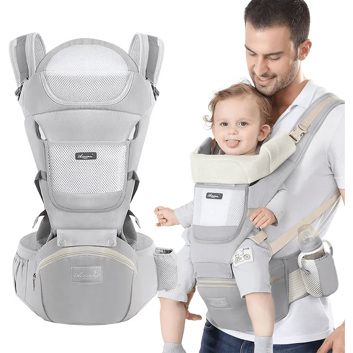 AMIARYA Adjustable Breathable Baby Carrier Sling Breathable Adjustable Baby Carrier Baby Waist Seat Ergonomic Baby Kangaroo Seat Sling Baby Carrier For 7-66 Lbs. With Baby Hip Seat - 灰色 - 查看 1