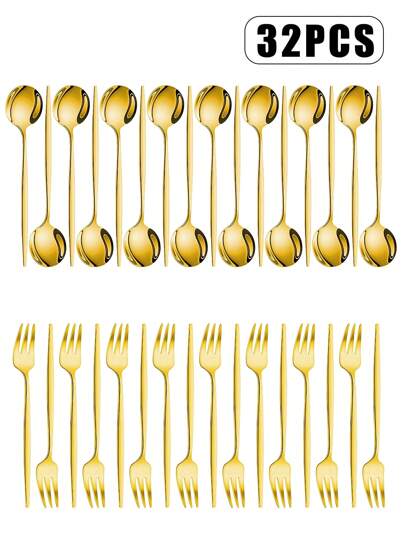 4/8/12/24/32件不锈钢镜面抛光咖啡勺叉，适用于咖啡馆、奶茶店、甜品店、野餐、露营、厨房、圣诞礼物、学校用品