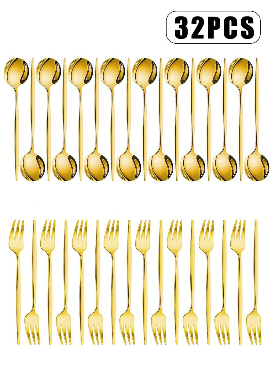 4/8/12/24/32件不锈钢镜面抛光咖啡勺叉，适用于咖啡馆、奶茶店、甜品店、野餐、露营、厨房、圣诞礼物、学校用品