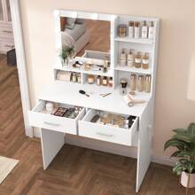 80cm Schminktisch mit LED-Beleuchtung und Steckdose, Weihnachtsgeschenk, Schminktisch mit Spiegel, Schminktisch mit 2 Schubladen und 2 Ablagefächern, zeitgenössischer Stil, Frisiertisch für das Schlafzimmer, Weiß