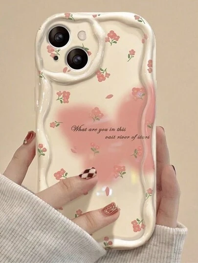 1个粉色花卉蝴蝶液态印花TPU手机壳，兼容 14 Pro Max/13，可爱，防水，防震，防摔，防刮花