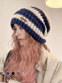 秋冬季复古条纹针织帽女加厚保暖贴边帽休闲无檐帽子男女户外防寒弹力宽松帽子