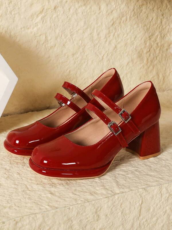 Sapatos de Salto Grosso Retrô Estilo Francês Plataforma de Bico Quadrado em Couro Envernizado Vermelho para Mulheres