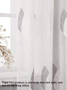 1 件方便悬挂的装饰薄纱窗帘，灰色树叶提花设计，客厅 - 灰色 - 查看 4