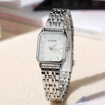 1 件/套时尚矩形表盘不锈钢表带石英表，适合生日礼物、万圣节、年终促销、青少年光棍节