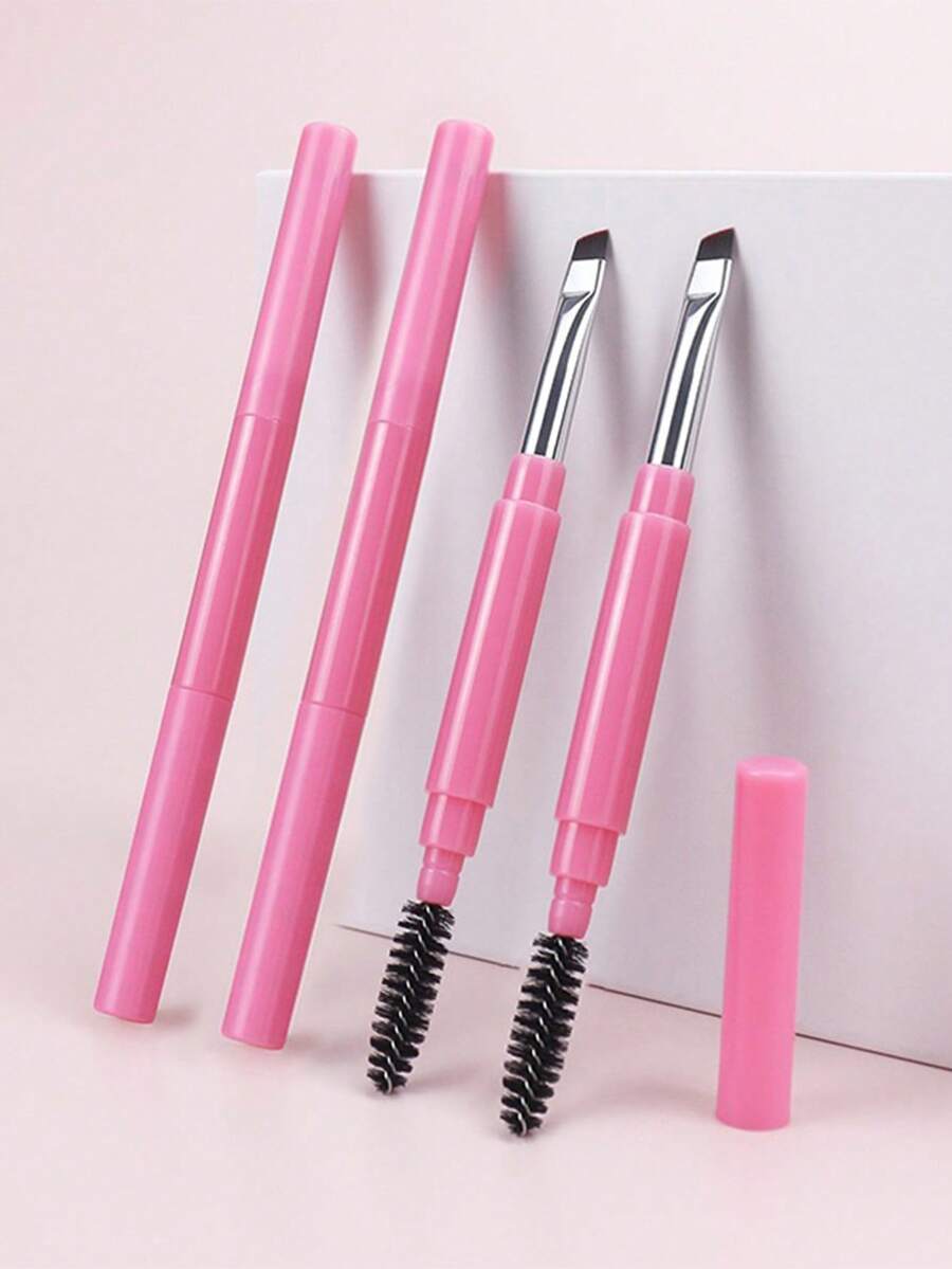 1pc/2pcs/4pcs Pink Double-Ended Spiral Angled Brow Brush, 2-In-1 Portable Eyeshadow Makeup Brush, Travel Beauty Tool - Pink - View 1