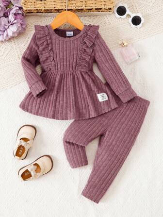 2 件套女婴日常休闲喇叭下摆长袖上衣和纯色裤子套装，秋冬