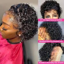 6 Inch Short Curly Pixie Cut Bob Lace Wig Human Hair For Women 1B Color Bob Wig Pre Plucked Natural Hairline13x1 Transparent Lace Brazilian Kinky Curly Wig Cheap Deep Wave Wig - Natural Black - Xem 7