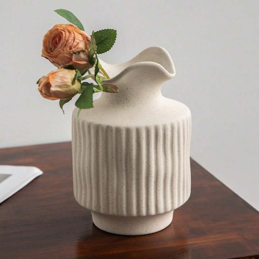 1 pieza Nueva hermosa artesanía sencilla con sentido artístico Florero de cerámica para decoración y almacenamiento retro de la sala de estar - Blanco - Ver 1