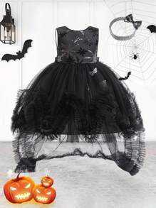Meninas Preto Lantejoulas Malha Destacável Trem Elegante Princesa Traje Vestido Com Faixa De Cabelo, Adequado Para Festa De Halloween