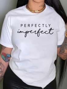 Plus Size Letter Print Round Neck Short Sleeve Casual Fashionable T-Shirt, For Summer - White - View 1