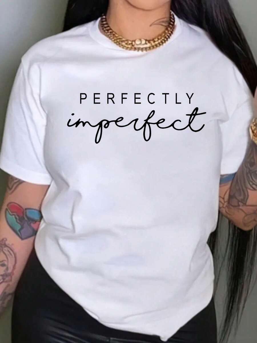 Plus Size Letter Print Round Neck Short Sleeve Casual Fashionable T-Shirt, For Summer - White - View 1