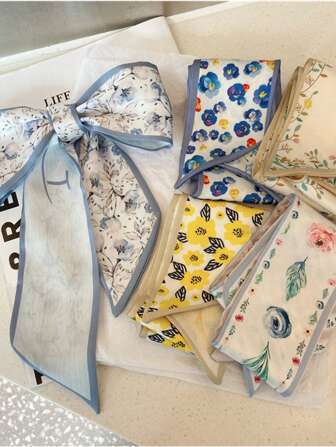 Set de 5 piezas de bufandas de seda azul y amarilla, diademas y bandas para el cabello con estampado floral, de uso múltiple para la vida diaria y las vacaciones, turbante, diadema, banda para sudar, accesorios para el cabello de otoño e invierno para mujeres, lazos y bufandas