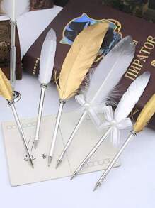 1pc Feather Pen, Ballpoint Pen, Signature Pen, Gel Pens Creative Vintage Feather Black Ink For Wedding Bridal Student School Writing Gift - Multicolor - View 5