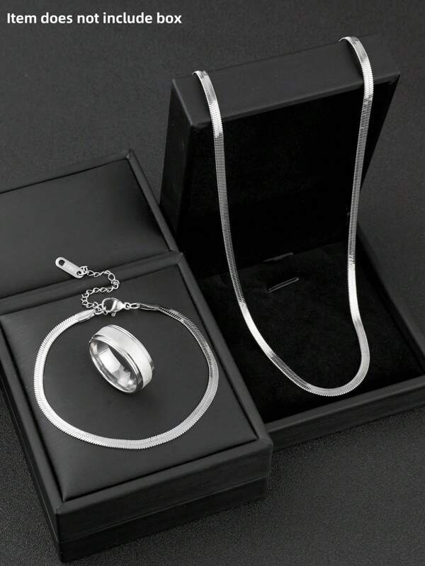 3pcs Men's Jewelry Set Stainless Steel 60cm Flat Necklace Squished Bracelet Ring Simple Stylish Style Suitable For Everyday Holiday Gifts (Item Does Not Include Box)