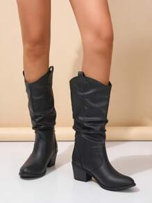 Fall/Winter 2025 Black Ruched Round Toe Mid-Calf Boots With Chunky Heels, Comfortable & Elegant, Versatile New Commuter & Casual Fashion Boots For Women,Western Boots