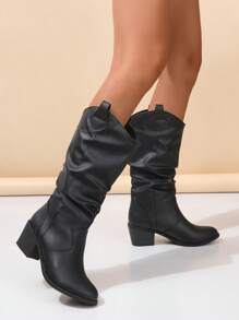 Fall/Winter 2025 Black Ruched Round Toe Mid-Calf Boots With Chunky Heels, Comfortable & Elegant, Versatile New Commuter & Casual Fashion Boots For Women,Western Boots