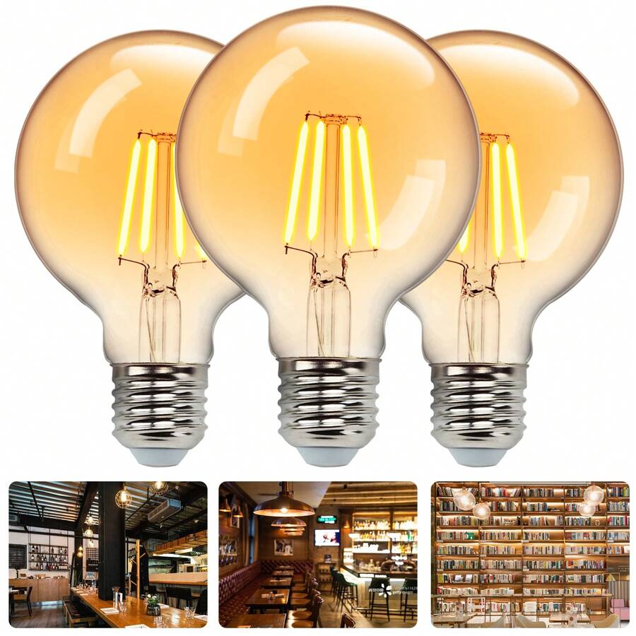 Aigostar Bombilla Vintage LED,Bombilla LED E27 Luz Calida 2200K, 6W (Equivalente a 48W),600LM,G80 Retro Bombilla Decorativa,para el Hogar, Restaurante, Cafetería, Bar-3 Unidades - Blanco Cálido - Ver 1