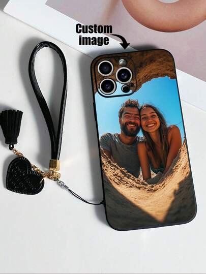 Chaveiro, Cordão Apple 1 peça Capa de telefone TPU preta à prova de choque personalizável e 1 peça Cordão de alça de coração preta compatível com iPhone, Android, compatível com Samsung, OPPO, Galaxy A51 4G, A52, A52s 5G, S23 Ultra, A13 4G, A12, S22 Ultra, OPPO A54, A54, IPhone 14 Pro Max, A04E, A05S, A34, S24 Ultra 5G, Redmi Note 13, A14, A32 4G Pingente de telefone