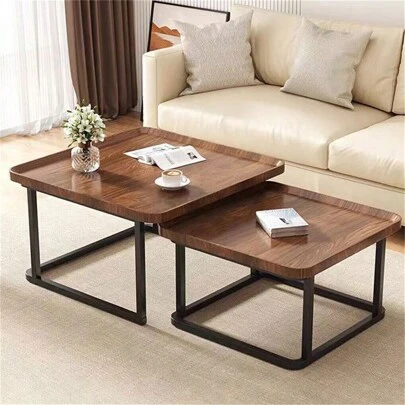 UNHO Square Coffee Table Set Wooden Center Tables Nested Table Stacking Table Large 60cm And Small Tables 50cm With Black Frame For Living Room