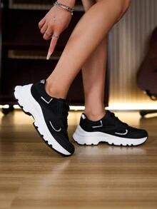 女士春秋透气时尚休闲白色运动鞋，适合运动、健身、跳绳、跑步、学生、防滑、轻便、灵活、户外、防水、防臭、减震 - 黑色 - 查看 1