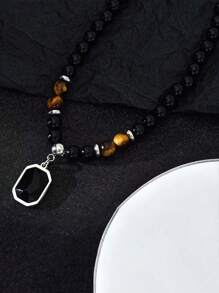 1pc Men's Simple Stylish Tiger Stone Beaded Necklace, Clavicle Chain Accessories For Men Christmas New Year Valentine's Day Holiday Gift