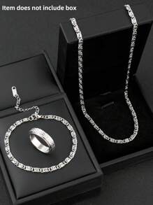 Conjunto de joias masculinas de aço inoxidável, colar com corrente vintage, pulseira, strass, padrão esculpido, anel de ansiedade, estilo de moda personalizado, adequado para uso diário, presentes de Natal